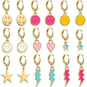 LieToi 9 Pairs Preppy Earrings Pack with Colorful Happy Smile Lightning Bolt Heart Star Charms Pendants Gold Small Huggie Hoop Dangle Earrings Trendy Y2K Preppy Jewelry Gifts for Teen Gir