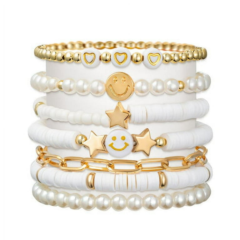 LieToi Preppy Heishi Bracelets Set Colorful White Gold Smile