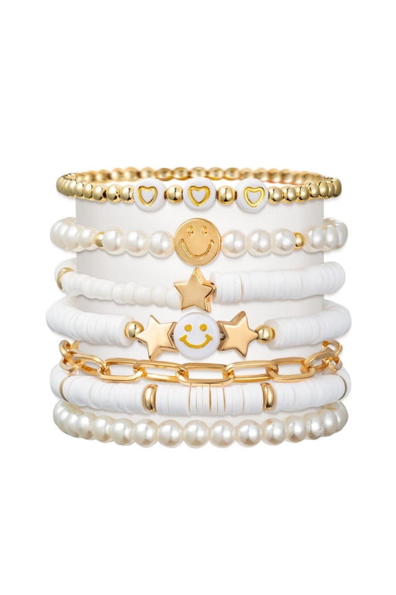 Preppy Heishi Bracelets Set Colorful White Gold Smile Heart Star for Women Girls