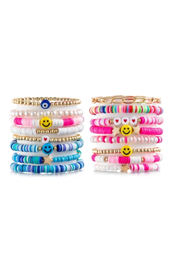 Preppy Heishi Bracelets Set Colorful White Gold Smile Heart Star for Women Girls