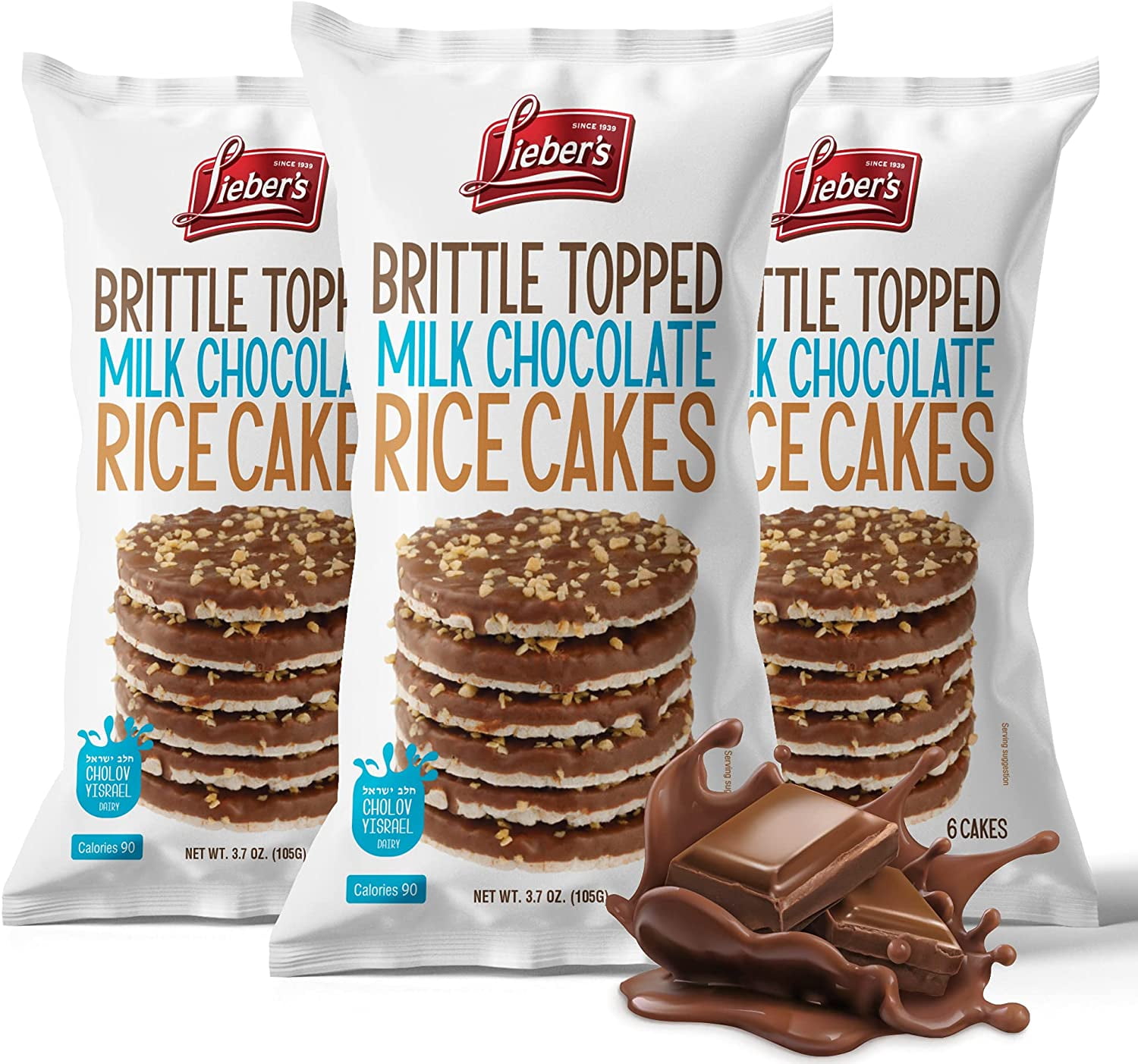 Lieber's Brittle Topped Milk Chocolate Coated Rice Cakes, Kosher Certified, 3.7 Oz (Pack of 3