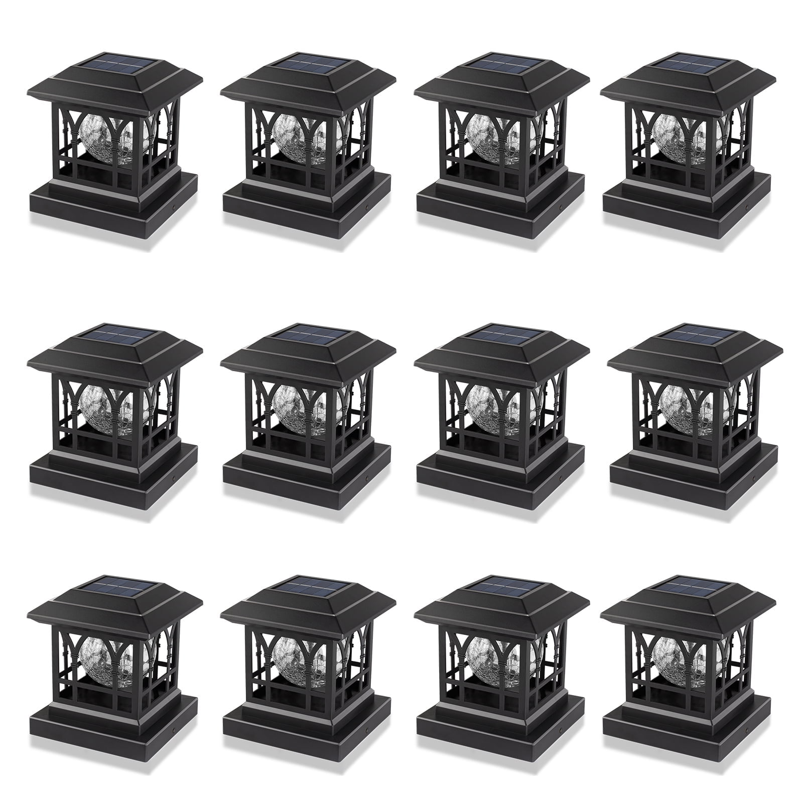 Black Solar LED Post Cap Lights with Crackle Glass, 6 Pack