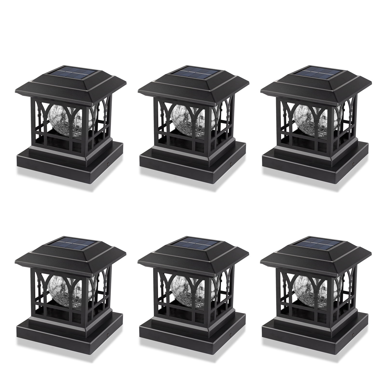Black Solar LED Post Cap Lights with Crackle Glass, 6 Pack