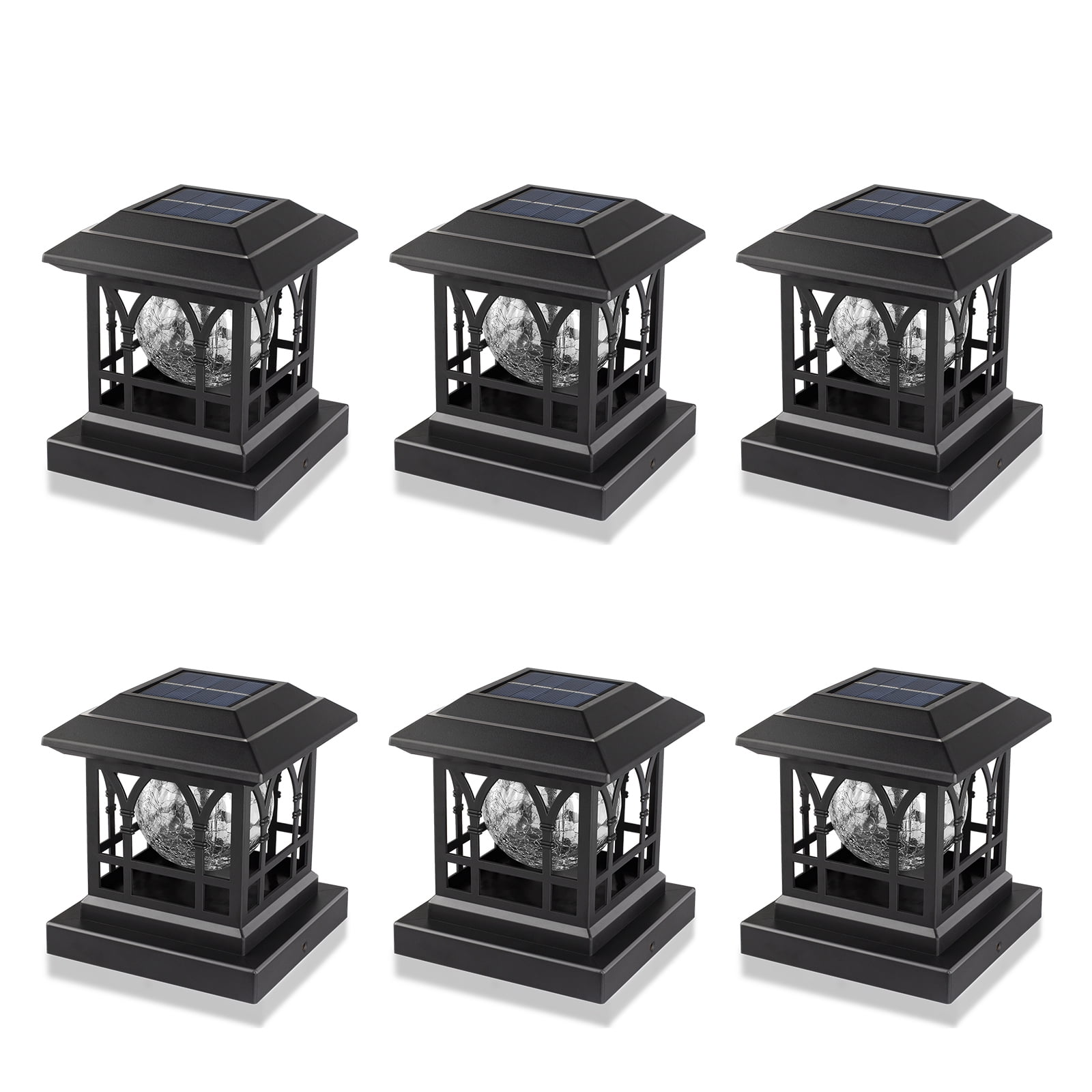 Black Solar LED Post Cap Lights with Crackle Glass, 6 Pack
