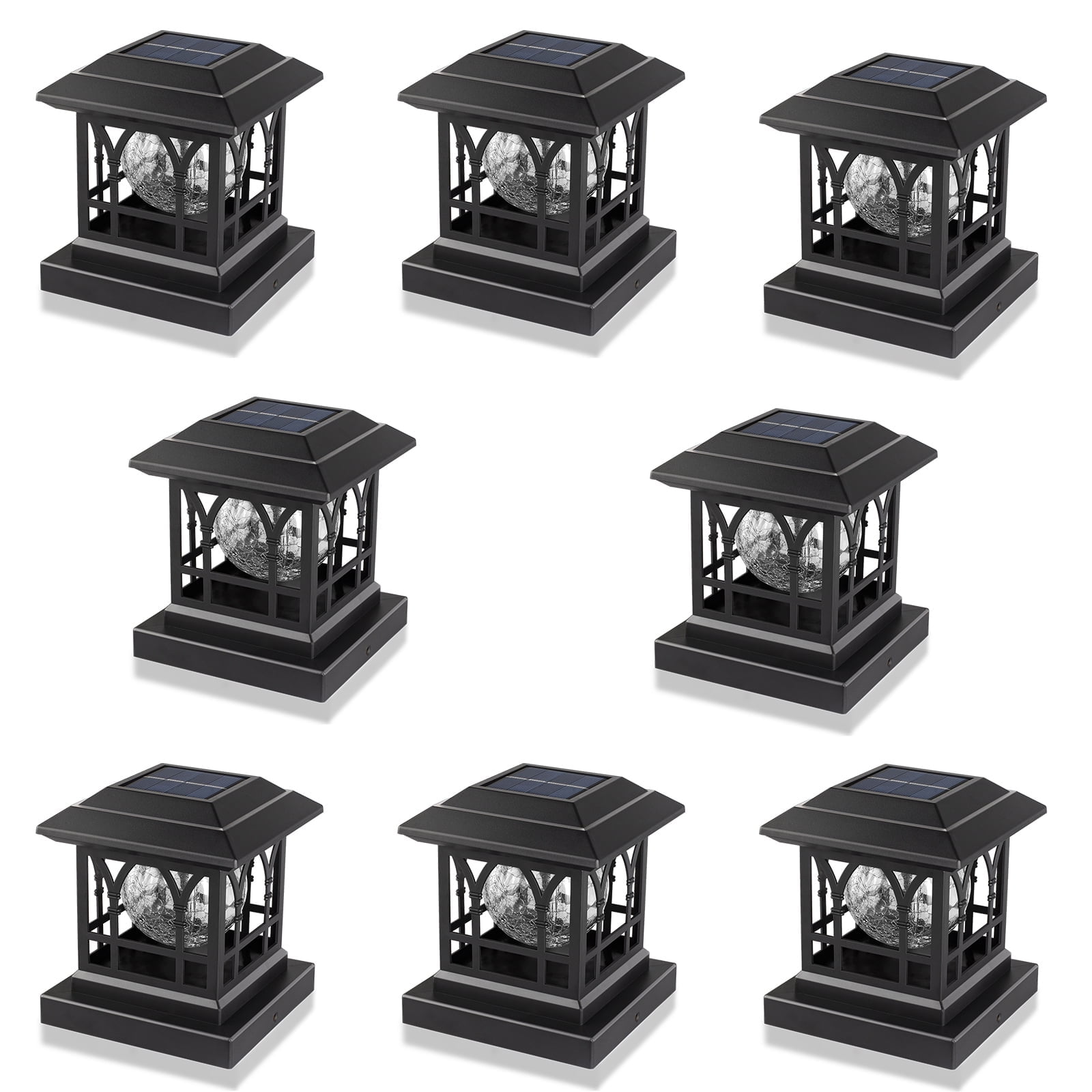 Black Solar LED Post Cap Lights with Crackle Glass, 6 Pack