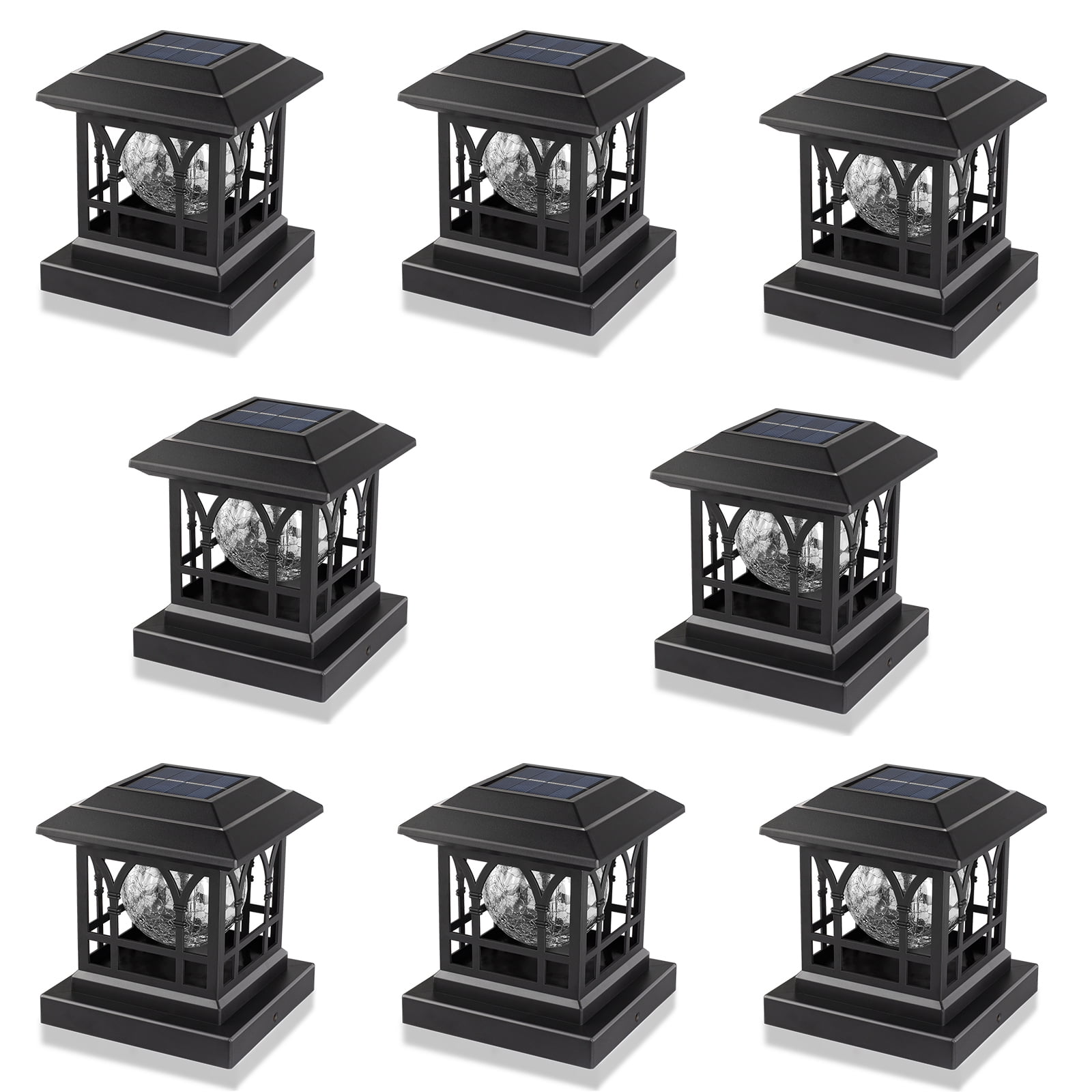Black Solar LED Post Cap Lights with Crackle Glass, 6 Pack