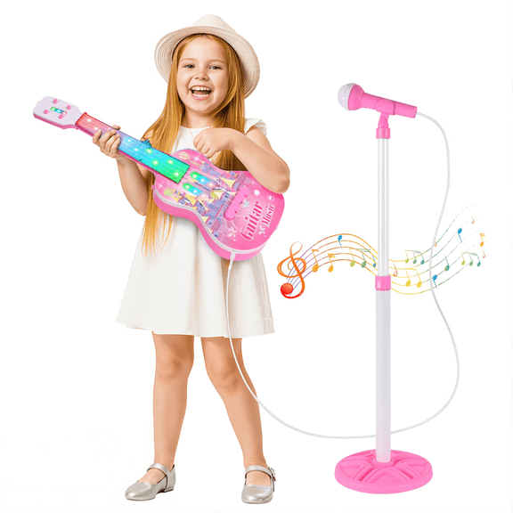 Liegorji Guitar and Microphone Toys Set, Musical Instruments with Adjustable Stand, Birthday Gifts for 1-3 3-5 5-8 Year Old