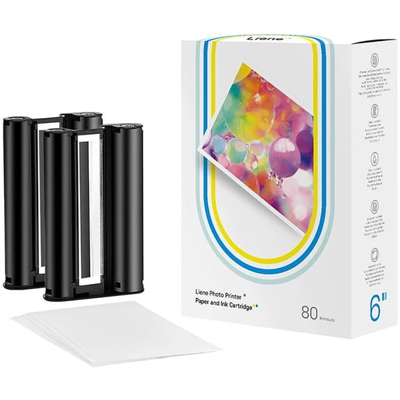 Liene Amber 4x6" Photo Printer Paper, 80 Sheets with 2x Ink Cartridges Refill
