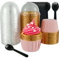 thumbnail image 1 of Lieonvis 100 Pcs Aluminum Cups with Lids,3.5oz Disposable Ramekin Baking Cups Muffin Liners Mini Pie Pans Foil Cupcake Containers for Christmas Party Wedding Party, 1 of 9