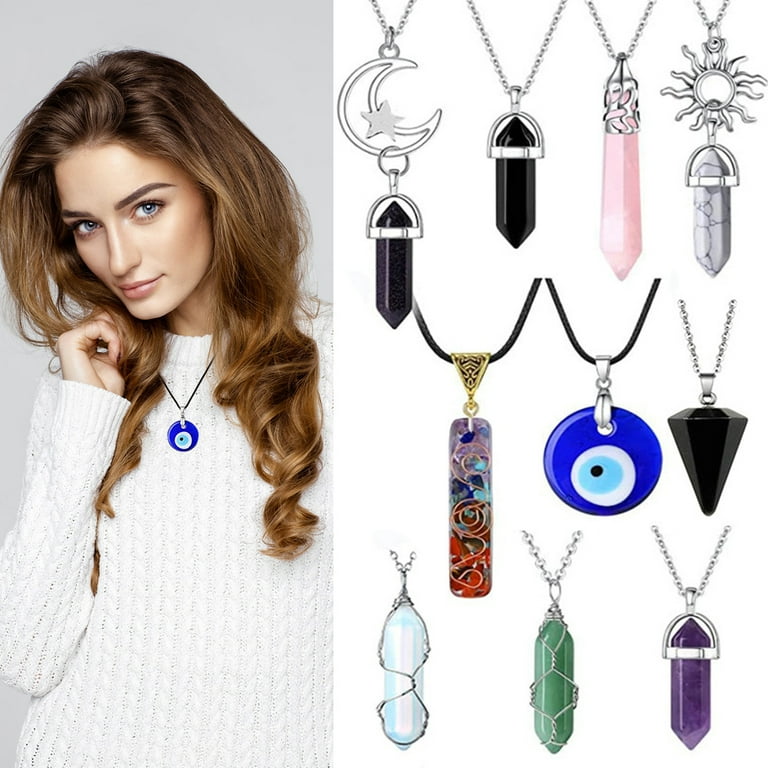Lieonvis 10Pcs Crystal Necklace Set Crystal Pendant Necklace Evil Eye Necklace Vintage Fashion Moon Sun Jewelry Amethyst Crystal Rose Quartz Obsidian