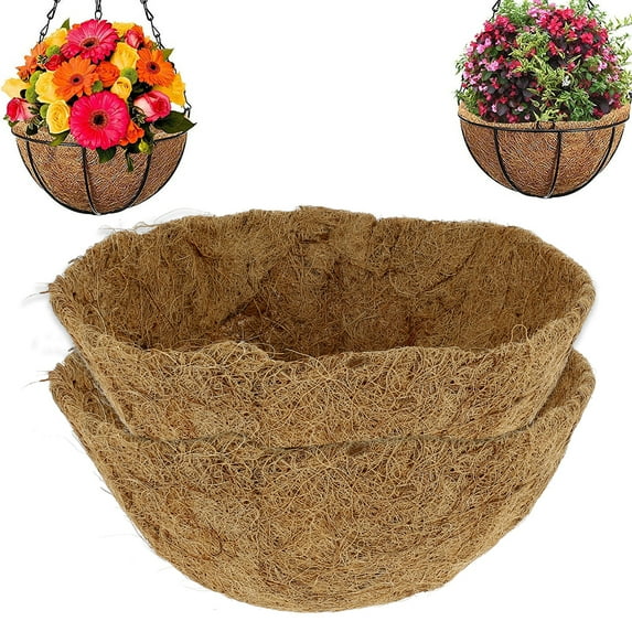 Lieonvis 2Pcs Coco Liner Natural Coconut Fiber Replacement Liner Round Trough Coco Coir Liner Thick Plant Basket Liners Wall Basket Planter Liner for Hanging Basket Pot
