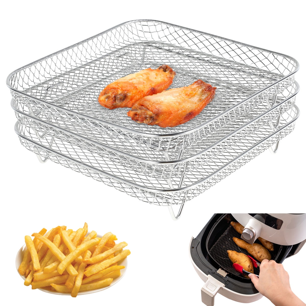 Lieonvis 8 inch Air Fryer Rack for Instant 5.8QT COSORI Air Fryer,Square Three Stackable Racks,Stainless Steel Multi-Layer Dehydrator Rack,Air Fryer Accessories