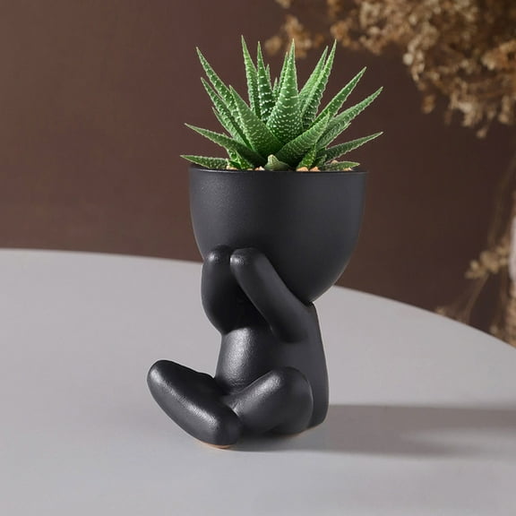 Lieonvis Ceramic Human Shaped Flower Pot Human Shape Small Cactus Pot Creative Ceramic Plants Pot Cute Vase Planter Table Decoration Sitting Mini Flower Pot for Desktop Usage Home Decor