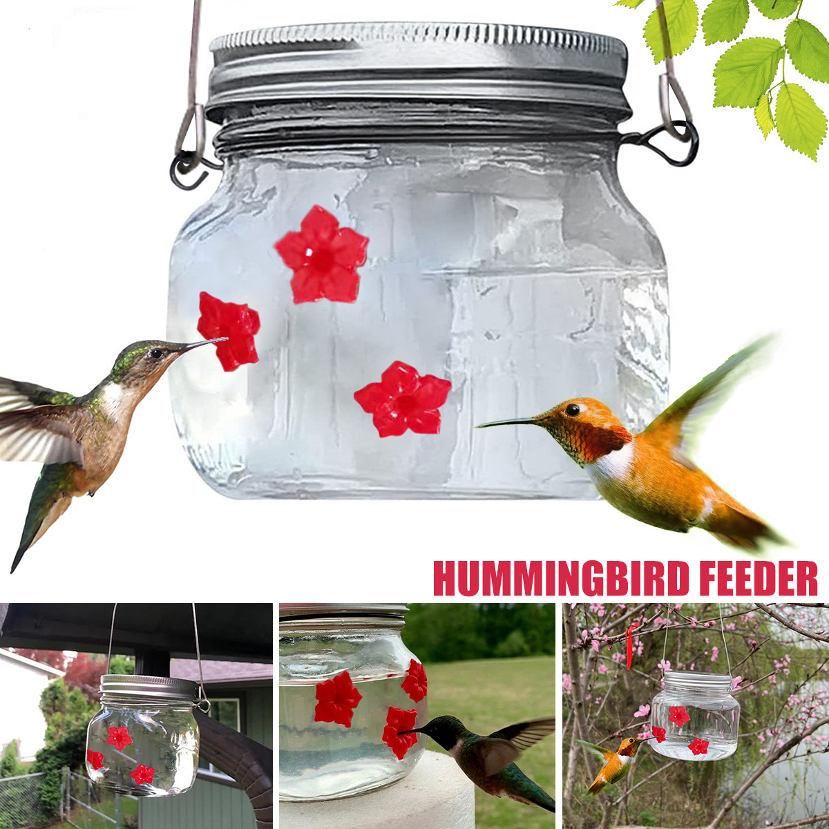 Lieonvis Mason Jar Hummingbird Feeder with 3 Flower Ports,Portable