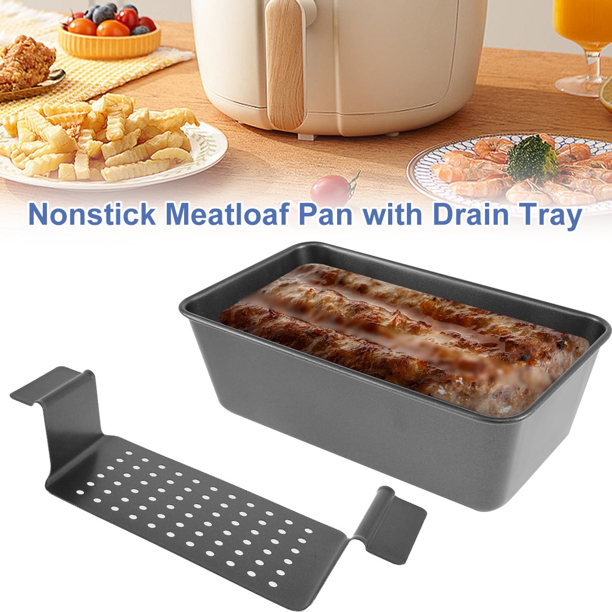 HONGBAKE Meatloaf Pan with Drain Tray, 9 x 5 Loaf Pans with Insert,  Nonstick Meat Loaf for Baking, Reduce the Fat and Kick Up the Flavor,  Champagne