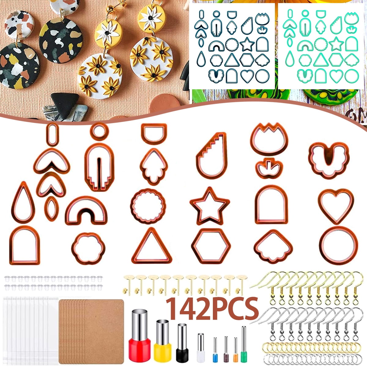 MEMOVAN Polymer Clay Earring Cutter Set – 24 Shapes, Earring Hooks, Studs & Tools, 142-Piece Craft Kit