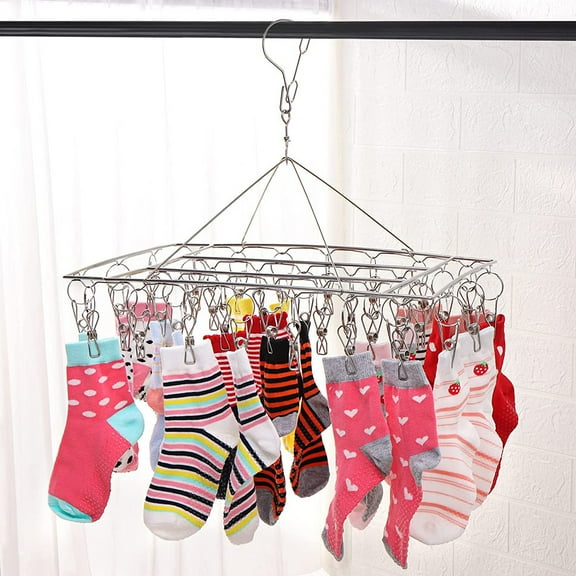 Lieonvis Sock Drying Rack with 36 Pegs Stainless Steel Sock Hanging Rack Swivel Wind-proof Laundry Drip Hanger Foldable Sock Hanger for Baby Clothes Underwear Towel Gloves