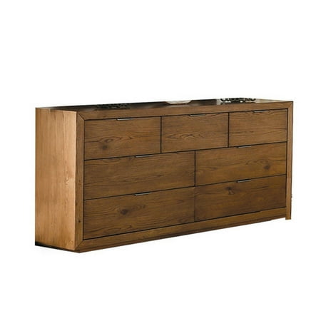 Benjara Lier 64 Inch Dresser, Walnut Brown Wood, 7 Drawers, Integrated Handles