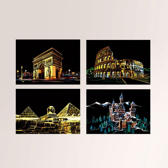 Lierteer DIY Scratch Painting Set City Night View Building Drawings Educational Art Kit for Children 4 Pieces