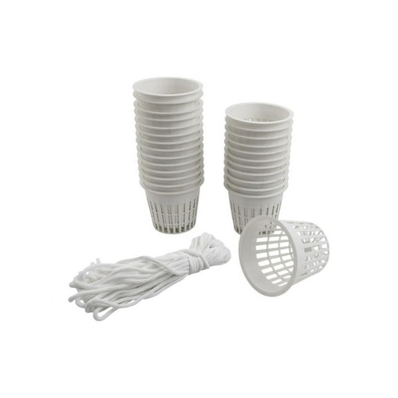 Lierteer Mesh Net Cup Kit 26 Pieces25 Slotted 3 Inch Pots with 10m Self-Watering Cotton Cord for Hydroponics Indoor Outdoor Gardening white