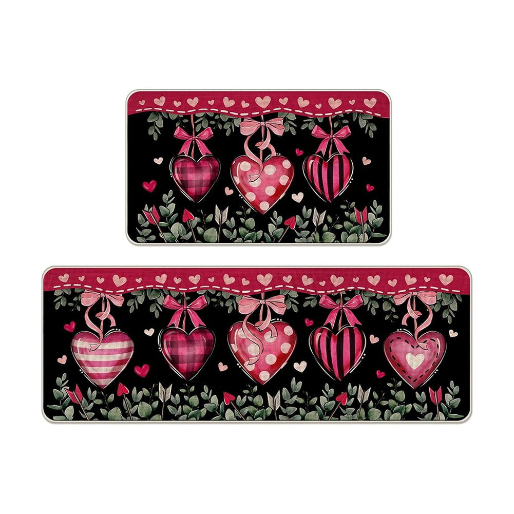 Lierteer Valentines Kitchen Rugs Mats Sets of 2, NonSlip Love Heart
