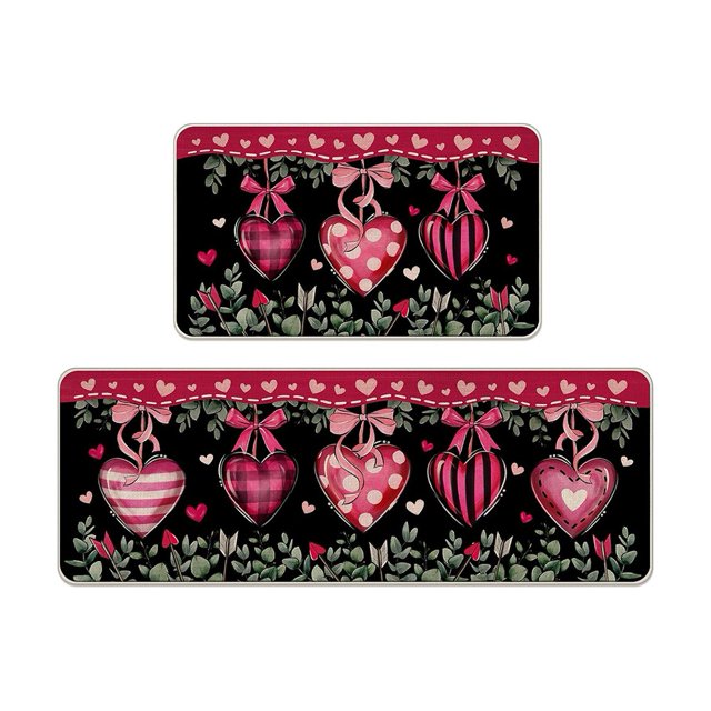 Lierteer Valentines Kitchen Rugs Mats Sets of 2, NonSlip Love Heart