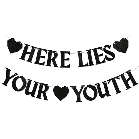 Here Lies Your Youth Banner - Funeral for My Youth Birthday Bunting for 20th/30th/40th/50th, Halloween Farewell Birthday Party Decorations Black Glitter