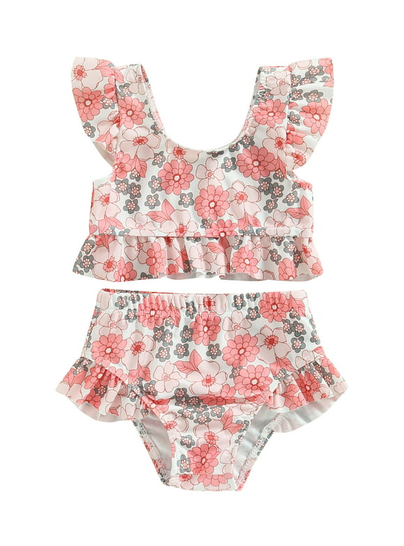 Lieserram Baby Girls Bikini Swimwear, 6 9 12 18 24 Months 2T 3T Fly Sleeve Vest with Elastic Waist Briefs Bathing Swimsuit for Summer Beach