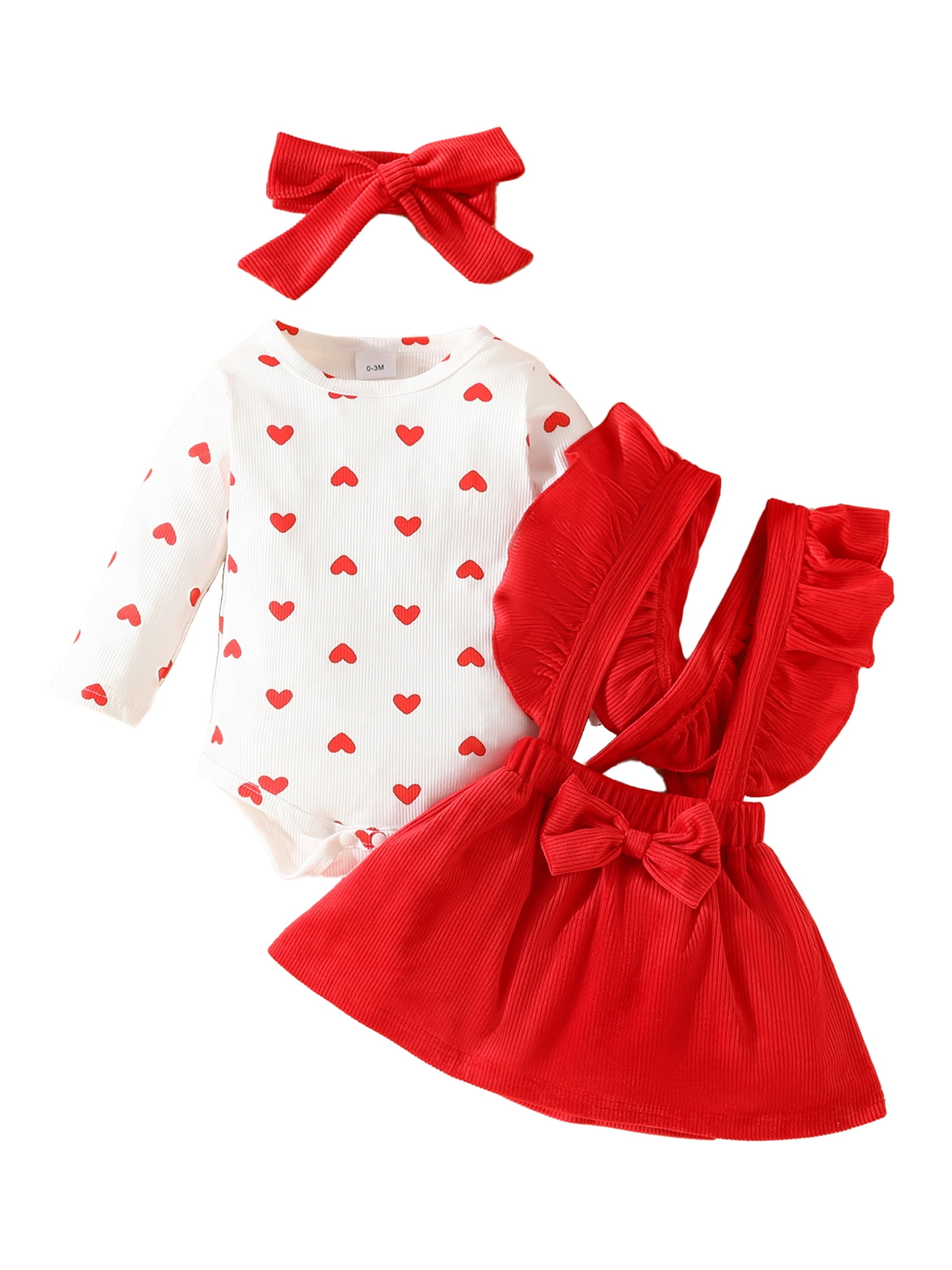 Lieserram Baby Toddler Girl Valentine's Day Clothes Set 0 3 6 9 12 18 Months Heart Print Long Sleeve Romper with Suspender Skirt and Bow Headband Outfit