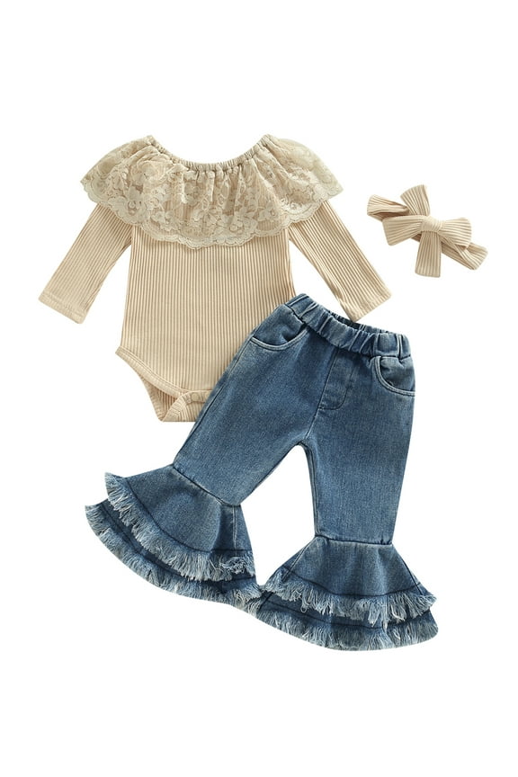 Lieserram Toddler Baby Girls Fall Spring Clothes, 3 6 12 18 24 Months Long Sleeve Lace Romper Tops + Denim Pants + Headband