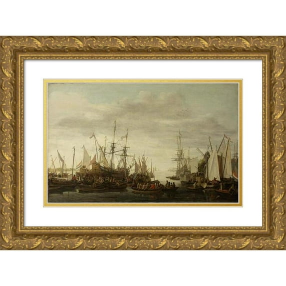 Lieve Pietersz. Verschuier 14x11 Gold Ornate Wood Frame and Double Matted Museum Art Print Titled - A Keelhauling, According to the Non Attested Tradition, of the Ship's Doctor of Admiral Ja