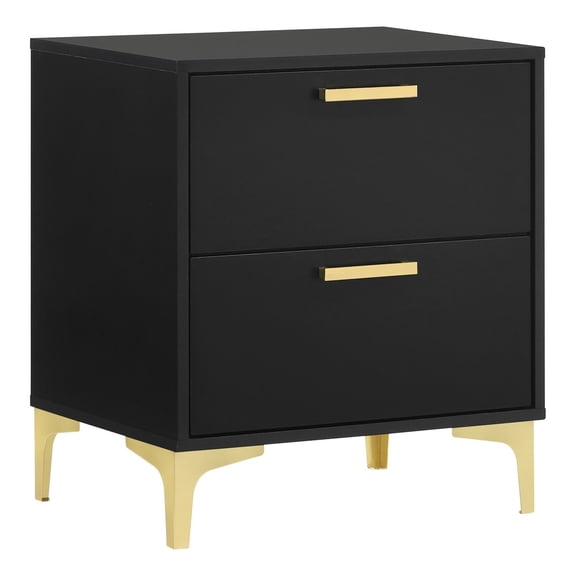 Lif 25 Inch Modern 2 Drawer Nightstand Gold Metal Accents Jet Black