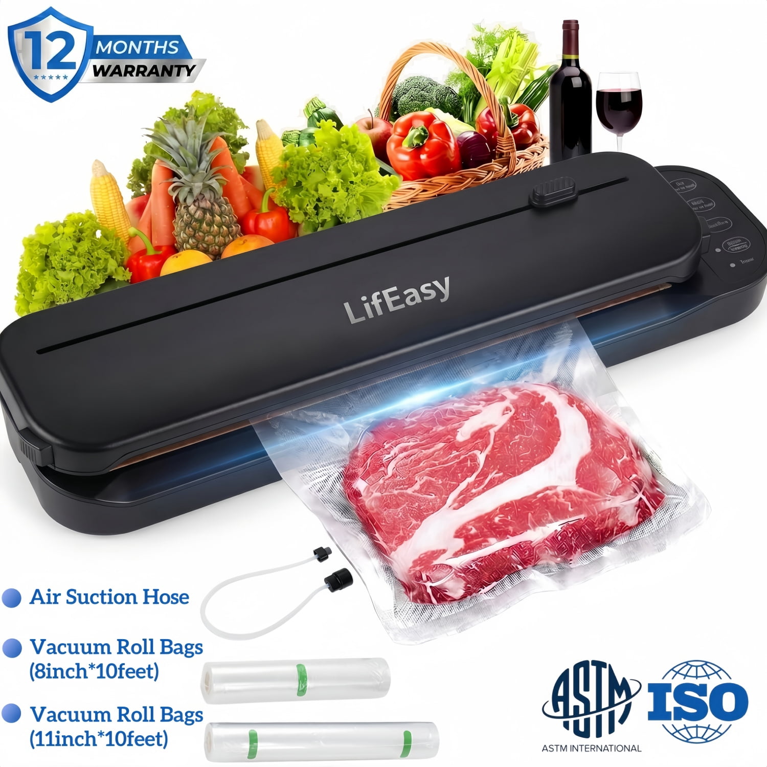 LifEasy VS2203 Food Vacuum Sealer Machine, 80kPa, 6-in-1 Modes, Dry & Moist Modes, Built-in Cutter, External Suction, 2 Rolls Bags & Starter Kit
