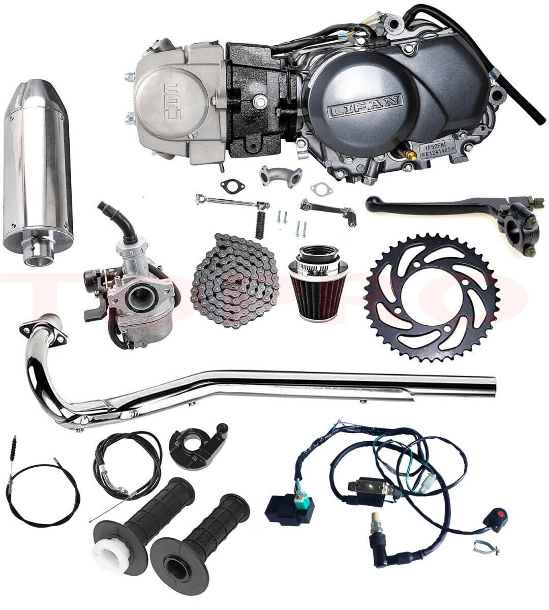 Lifan 125cc Engine Motor Manual Clutch Complete Kit W/Wiring Harness + Exhaust for Kick Start Dirt Pit Bike Mini Trail CT70 CT90 CT110 Z50 ATC70 QA50 SL90 XR50 CRF50 SSR110 Apollo RFZ125