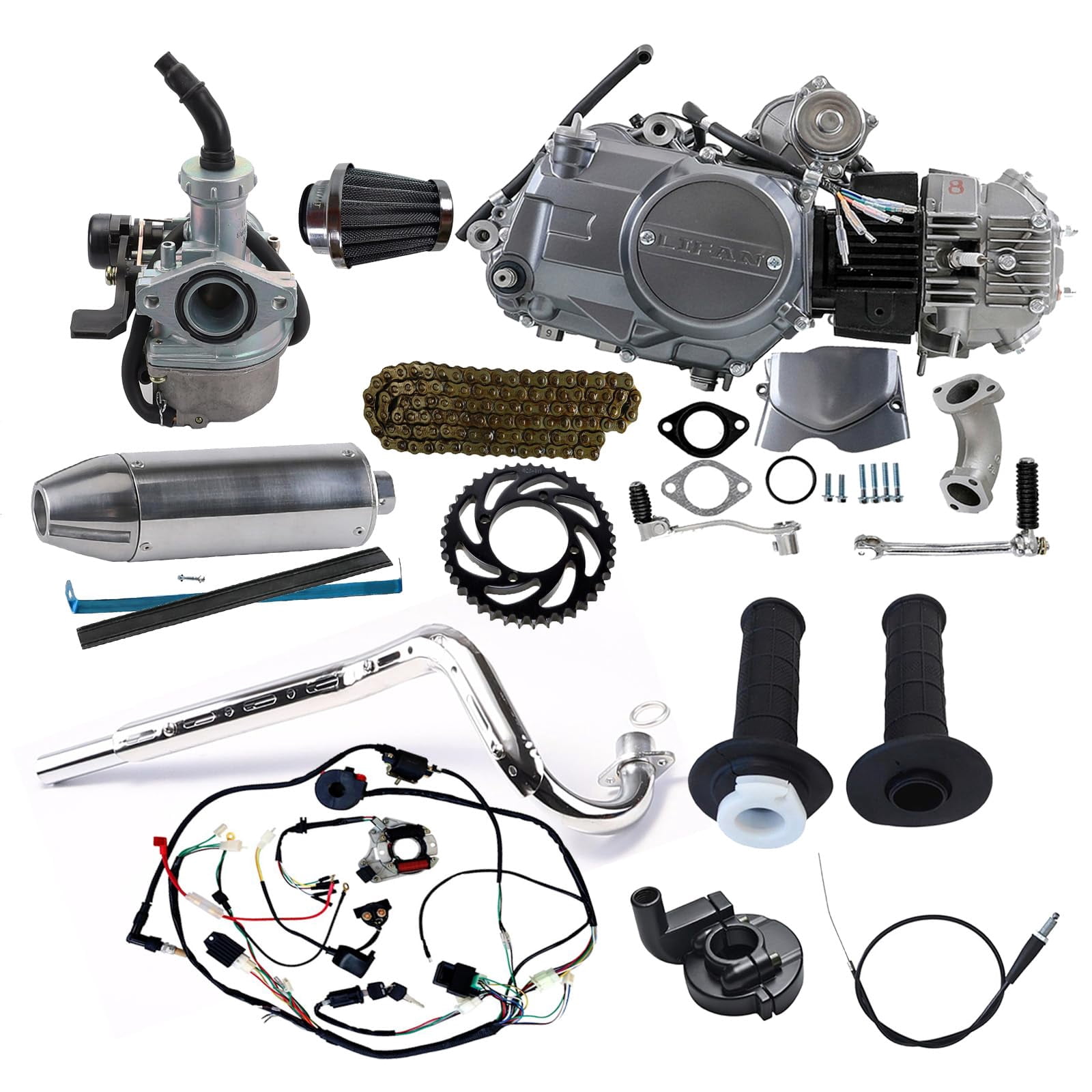 Lifan 125cc Engine Motor Semi Auto with Carburetor, Air Filter, 428 Chain, Chain Sprocket, Exhaust Pipe Muffler, Wiring Harness, Hand Grip, Throttle Cable, Housing for ATV Go Kart Buggy Dirt Pit Bike
