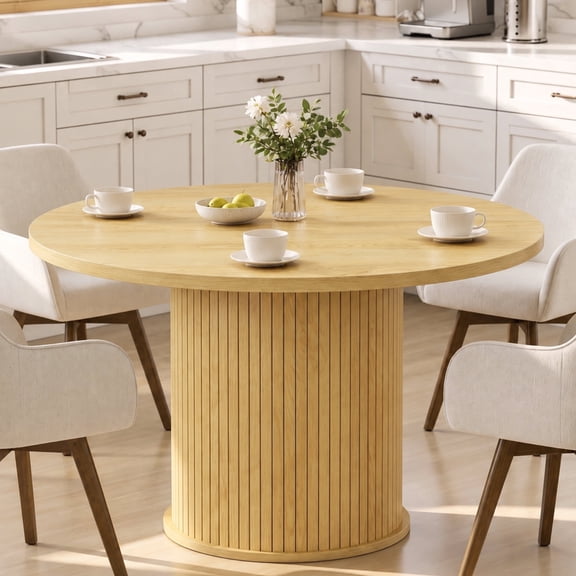 Lifarythm 47" Round Dining Table, One Piece Tabletop Wood Table for 4-6 People, Modern Farmhouse Kitchen Table for Dining Room Metal Pedestal Base, Natural