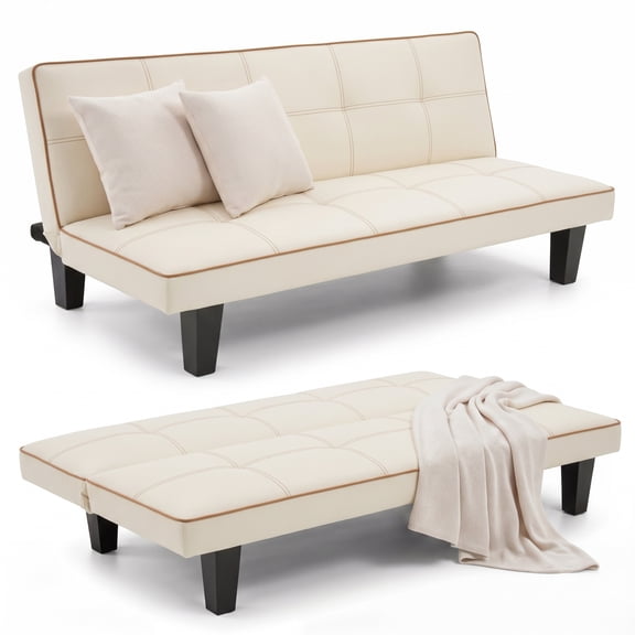 Lifarythm Futon Sofa Bed, Futon Couch with 3 Adjustable Backrest Convertible Twin Size Modern PU Leather Sleeper Sofa for Living Room 69", Beige