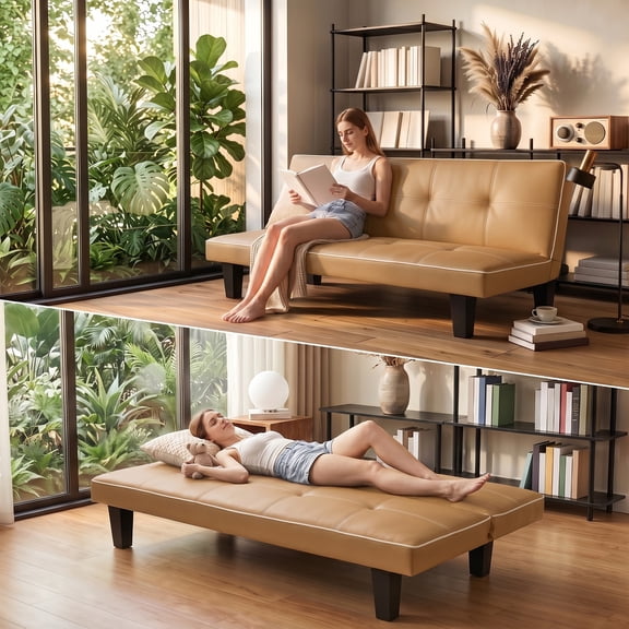Lifarythm Futon Sofa Bed, Futon Couch with 3 Adjustable Backrest Convertible Twin Size Modern PU Leather Sleeper Sofa for Living Room 69", Brown