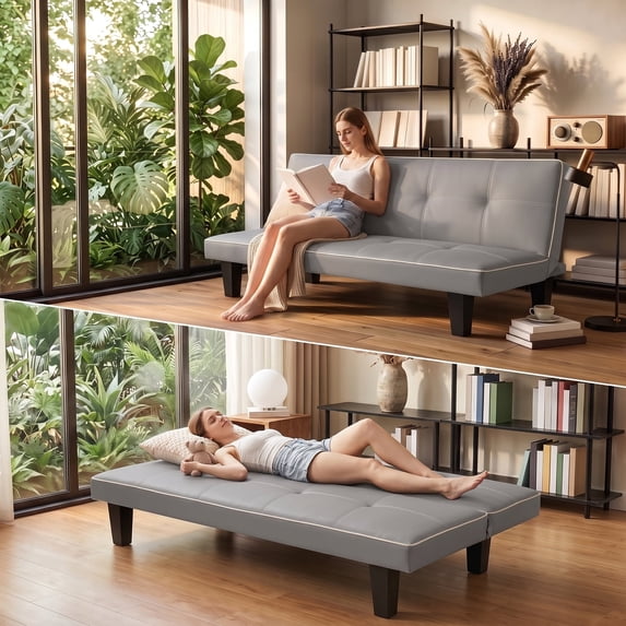 Lifarythm Futon Sofa Bed, Futon Couch with 3 Adjustable Backrest Convertible Twin Size Modern PU Leather Sleeper Sofa for Living Room 69", Gray