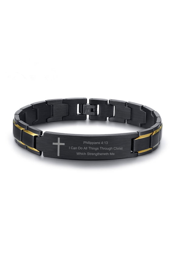 Black Stainless Steel Bible Verse Bracelet, Christian Inscription Jewelry, 8.5"
