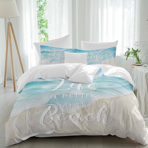 Life Is BETTER at The Beach Full Size Comforter Set, Gradient Teal Green Ocean Beige Beach Bedding for All Seasons, 4 Pcs Bed Set, 1Quiltcover (86"x86") ,1Sheet(80"x116"), 2Pillowcases (30"x20")