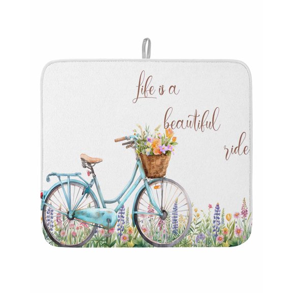 Life Is A Beautiful Ride Dish Drying Mats for Kitchen Counter,Absorbent Microfiber Dish Drainer Rack Mat Country Bike Flowers Drying Pad for Sinks,Utensils,Countertops,16x18in