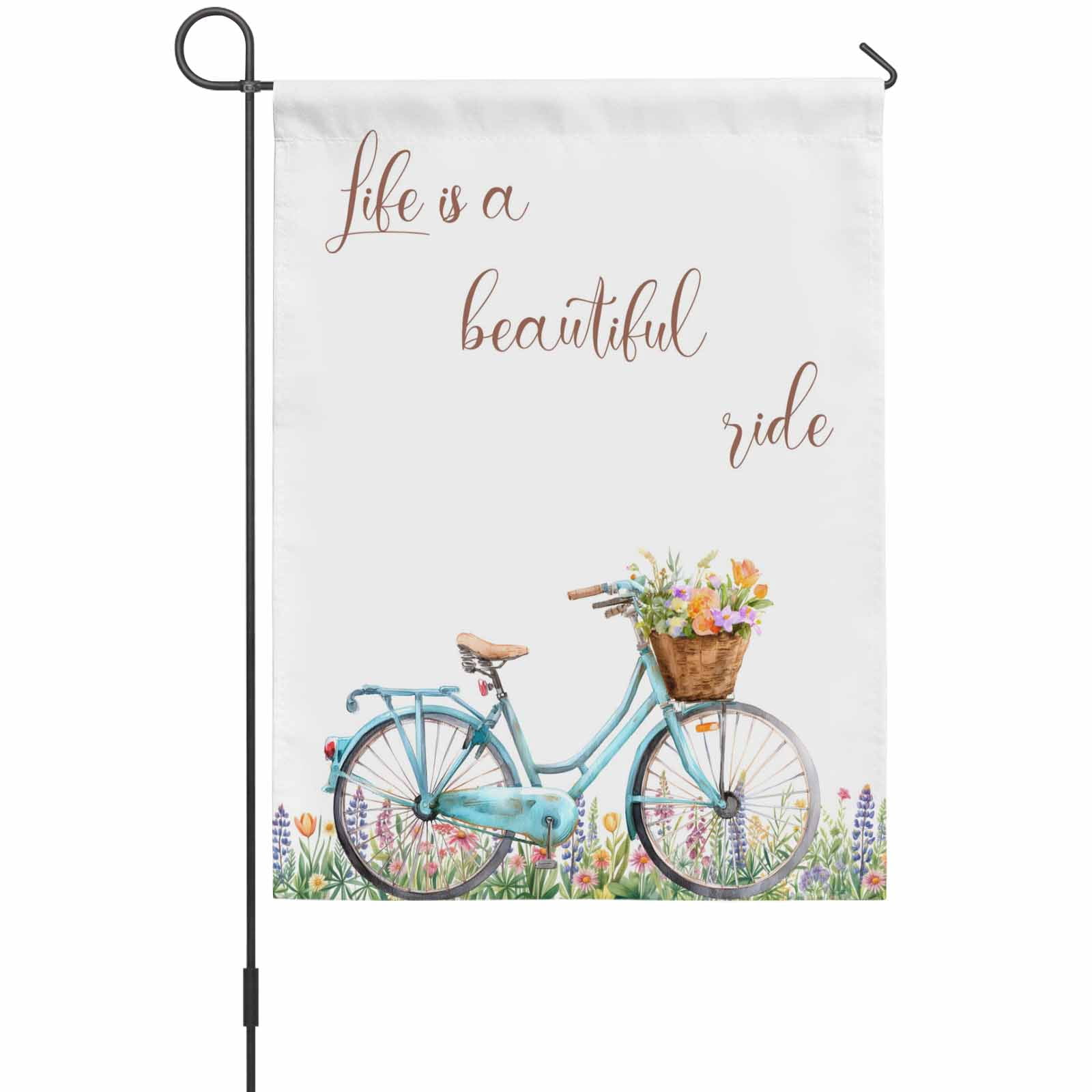 Life Is A Beautiful Ride House Flag 28 x 40 Inches, Pastoral Bikes Flower Field Leaves Weather Proof Outdoor Patio Flags Double Sided Small House Decoration for Yard Lawn Outside Home