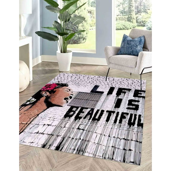Life Is Beautiful Rugs, Bathroom Rug, Banksy Life Is Beuatiful Rugs, Street Rugs, Soft Rug, Woman Graffiti Rug, Thick Rug, Banksy Graffiti, 3.3'x6.5' - 100x200 cm