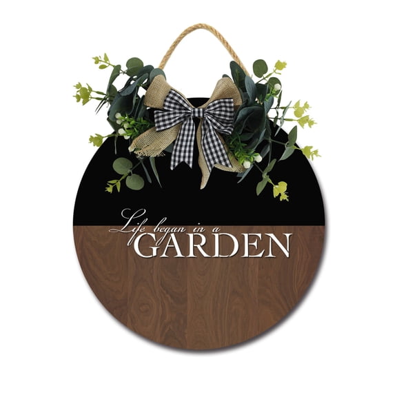 Life Began In A Garden Front Door Sign Funny Wreaths Hanging Wooden Plaque Decoration Round Rustic Wood Farmhouse Porch Decor for Home Front Door Decor, 12 x 12 Inch