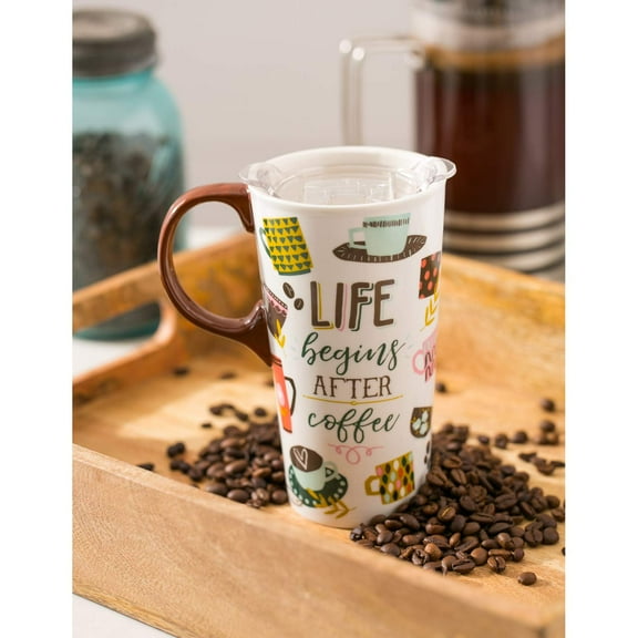 Ceramic Travel Cup, 17 OZ.,w/box and Tritan Lid, Life Begins After Coffee