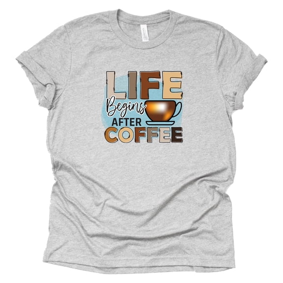 Life Begins After Coffee T-Shirt for Women, Unisex Shirt, Coffee Letters Print Shirt with Funny Sayings Casual Tee Tops (Gray-Large)
