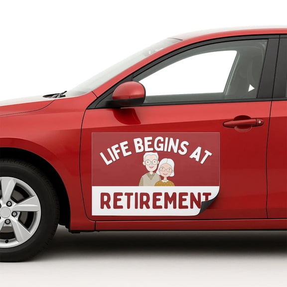 Life Begins at Retirement Car Magnet Sign by DC | Flexible Car Magnetic Sheets with Adhesive Backing | 12"x18" Bumper Magnet Sticker for Vehicles, Trucks & Advertising Signs | 2 PC | Made in USA