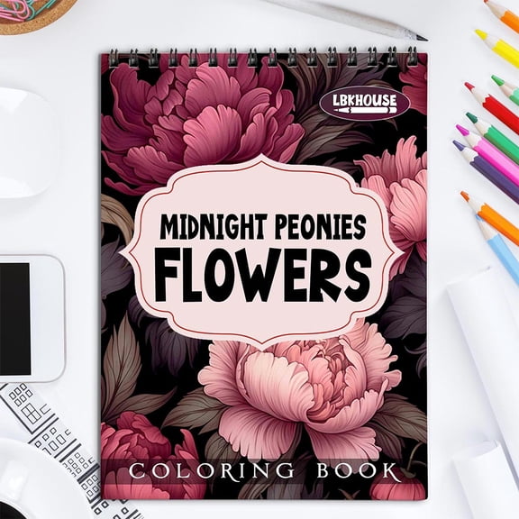 LBKHOUSE Midnight Peonies Flowers Coloring Book for Adult, Spiral Bound, Soft Cover