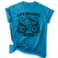 thumbnail image 1 of Life Behind Bars Bike T-shirt, Unisex Women's Men's Bicycle Cycling Mountain Bike Exercise Outdoors, Heather Blue, Large, 1 of 6